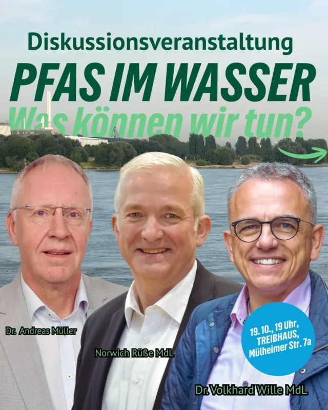 PFAS sind längst auch in Leverkusen ein Thema – und die Frage ist: Was können Politik, Wissenschaft und Technik konkret dagegen tun?

Darüber wollen wir mit euch sprechen. Nach kurzen Inputs geht es in eine moderierte Runde – und anschließend ist das Publikum dran. Bringt eure Fragen mit!

📅 19. Oktober, 19 Uhr
📍 TREIBHAUS, Mülheimer Str. 7a, Leverkusen

Mit Dr. Andreas Müller, Norwich Rüße MdL und Dr. Volkhard Wille MdL. Moderiert wird der Abend von Markus Holzapfel.

Kommt vorbei – eine Anmeldung ist nicht nötig.