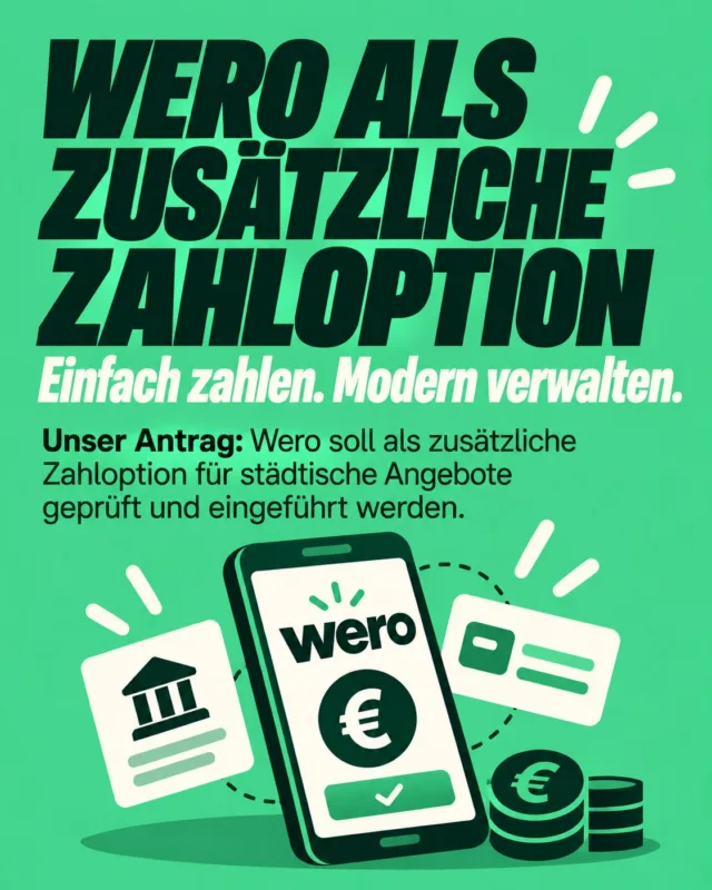 Digital zahlen – einfacher für Leverkusen.

Wir wollen Wero als zusätzliche Zahloption bei passenden städtischen Angeboten prüfen und einführen. Denn moderne Verwaltung heißt für uns auch: Bürger*innen sollen unkompliziert, digital und mit mehreren zeitgemäßen Möglichkeiten bezahlen können.

Wero ist bereits in Deutschland verfügbar und wird als digitale Bezahlmöglichkeit schrittweise ausgeweitet. Für Nutzer*innen erhebt Wero selbst grundsätzlich keine Zahlungsgebühren; mögliche Kosten auf Seiten von Banken oder Zahlungsdienstleistern hängen von der jeweiligen Ausgestaltung ab. 

Für uns geht es um eine sinnvolle Ergänzung bestehender Zahlungswege: mehr Auswahl, einfacher Zugang und eine Verwaltung, die bei digitalen Angeboten mit der Zeit geht.