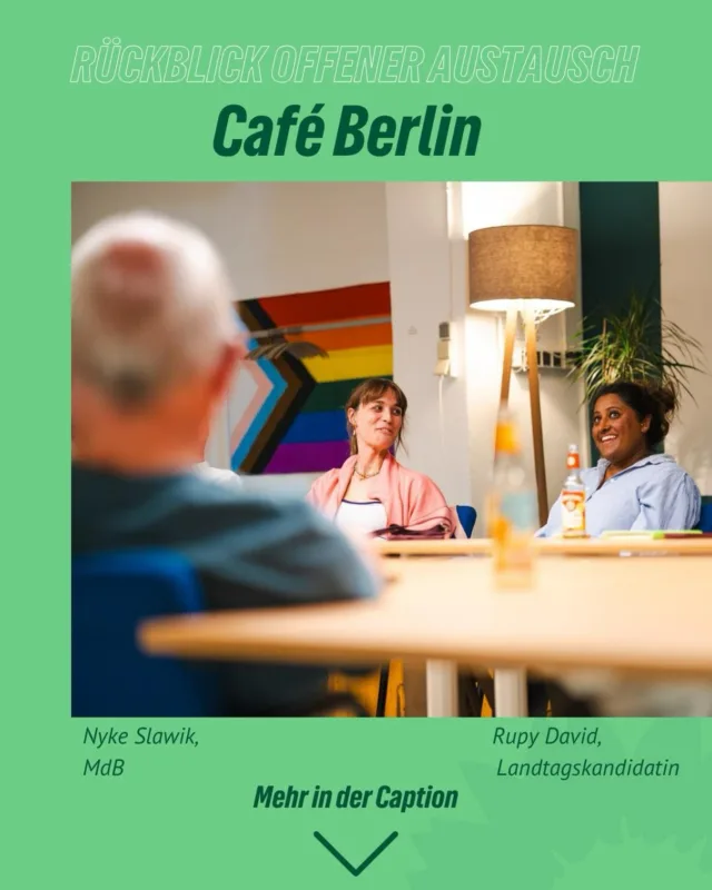 Politik-Talk beim „Café Berlin“! ☕️💬
Beim „Café Berlin“ kommen Mitglieder, Interessierte und Gäste zusammen, um in offener Runde über aktuelle politische Themen und die Anliegen vor Ort zu diskutieren.
Gemeinsam mit @nykeslawik (MdB) und @rupy_david, Landtagskandidatin für Leverkusen, haben wir über aktuelle Politik, die vergangenen Wahlen, unsere Visionen für NRW und die Themen gesprochen, die die Menschen in der Region bewegen.
Danke an alle, die dabei waren, für den tollen Abend und die offenen Gespräche! 💚

Fotoquelle: Vincent Ludewig