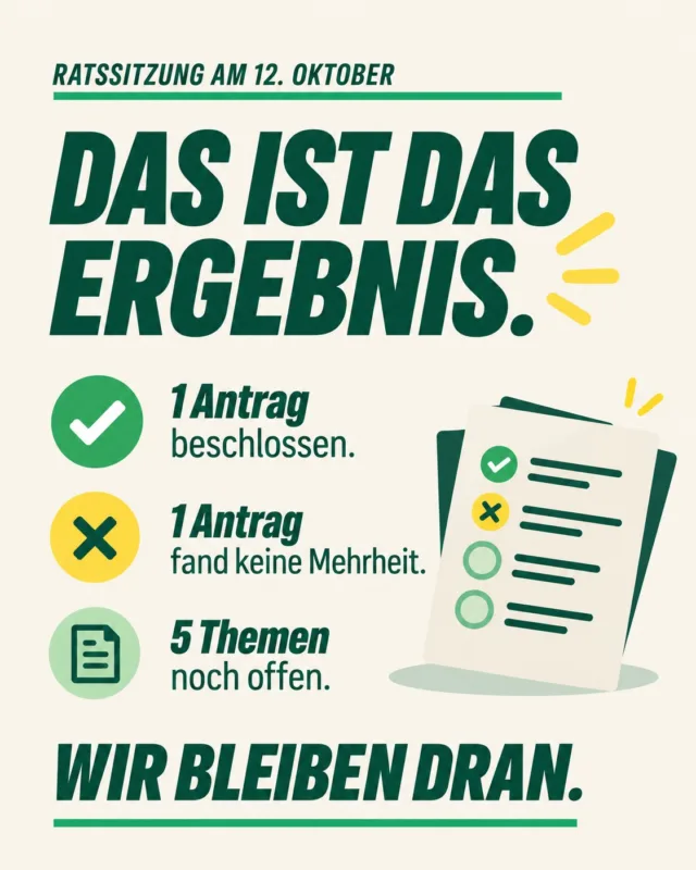 Sieben Initiativen, viele gute Ideen – und wir bleiben dran.

In der Ratssitzung am 12. Oktober wurden zwei unserer sieben Punkte entschieden. Besonders freuen wir uns über die Mehrheit für den Erhalt wichtiger Rad- und Fußwege beim Autobahnausbau. Wo Verbindungen nicht erhalten werden können, sollen rechtzeitig gute Ersatzwege geschaffen werden.

Beim Hitzeschutz für Pflegeeinrichtungen gab es nach intensiver Diskussion in der Ratssitzung keine Mehrheit. Fünf weitere Themen bleiben offen: Ideenmanagement und Mietspiegel-Rechner werden später weiterberaten, Schottergärten, Kurzzeitvermietungen und die Essbare Stadt wurden um einen Ratsturnus vertagt.

Für uns heißt das nach dieser Ratssitzung vor allem: weiterarbeiten, weiter überzeugen, weiter Mehrheiten suchen. Denn gute Ideen für Leverkusen verdienen es, umgesetzt zu werden.